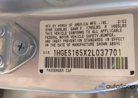 2002 Honda Civic Lx z USA, uszkodzony, nr VIN 1HGES165X2L037701